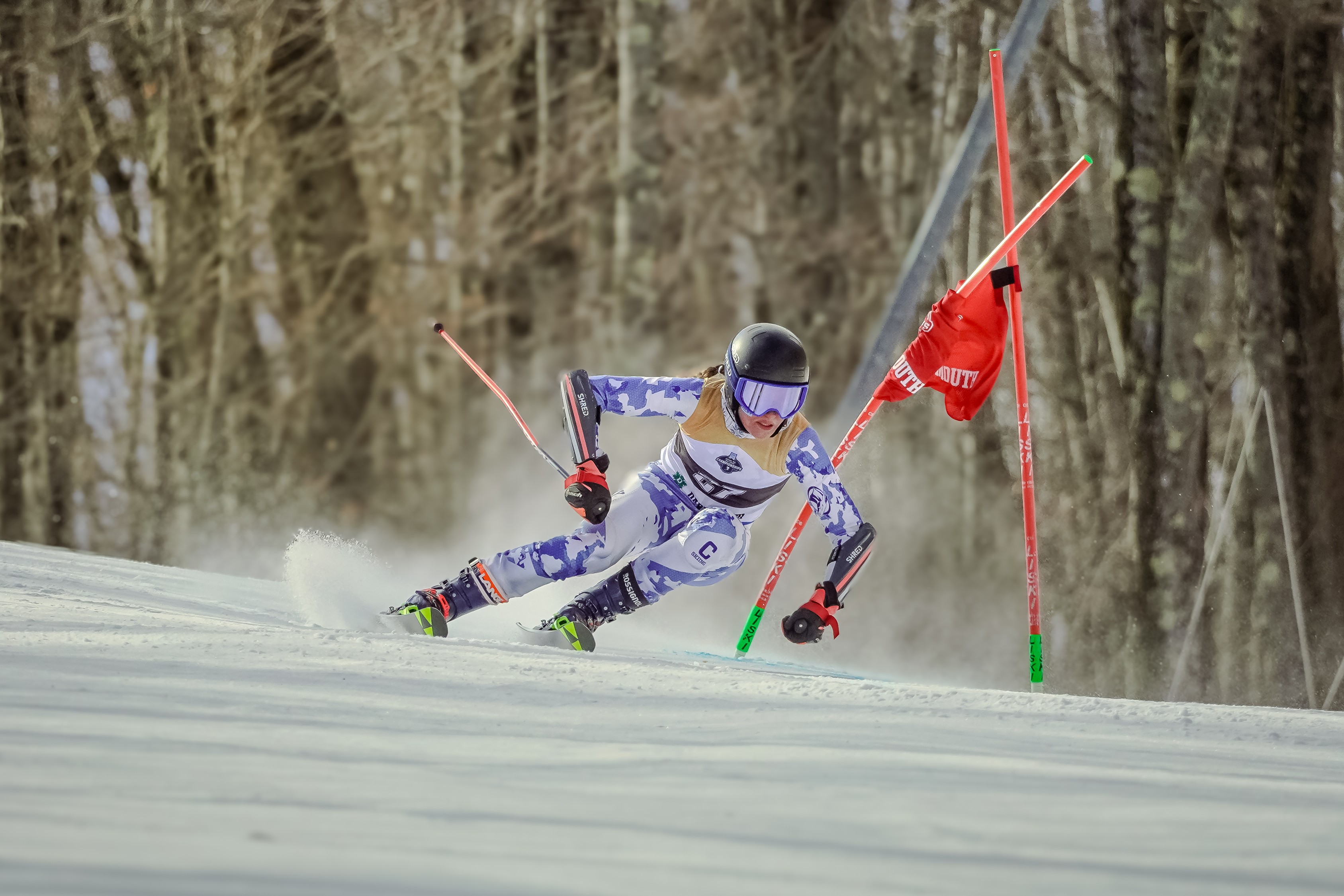 NCAA alpine skier racing through a red gate